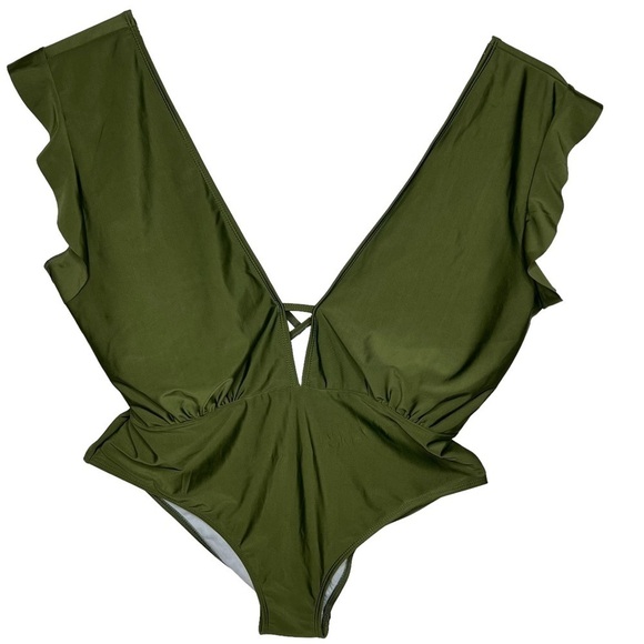 Olive Green One Piece Swim Suit Size 3X Plunging V-Neck Open Back Flutter Sleeve - Picture 3 of 16